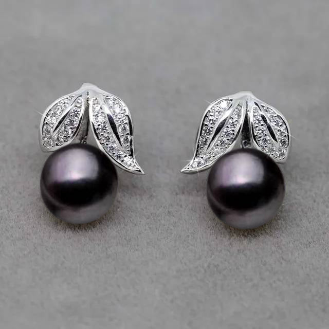 Genuine Freshwater Pearl and Simulated Diamond Leaf Stud Earrings showcasing elegant leaf design with multiple pearl color options.