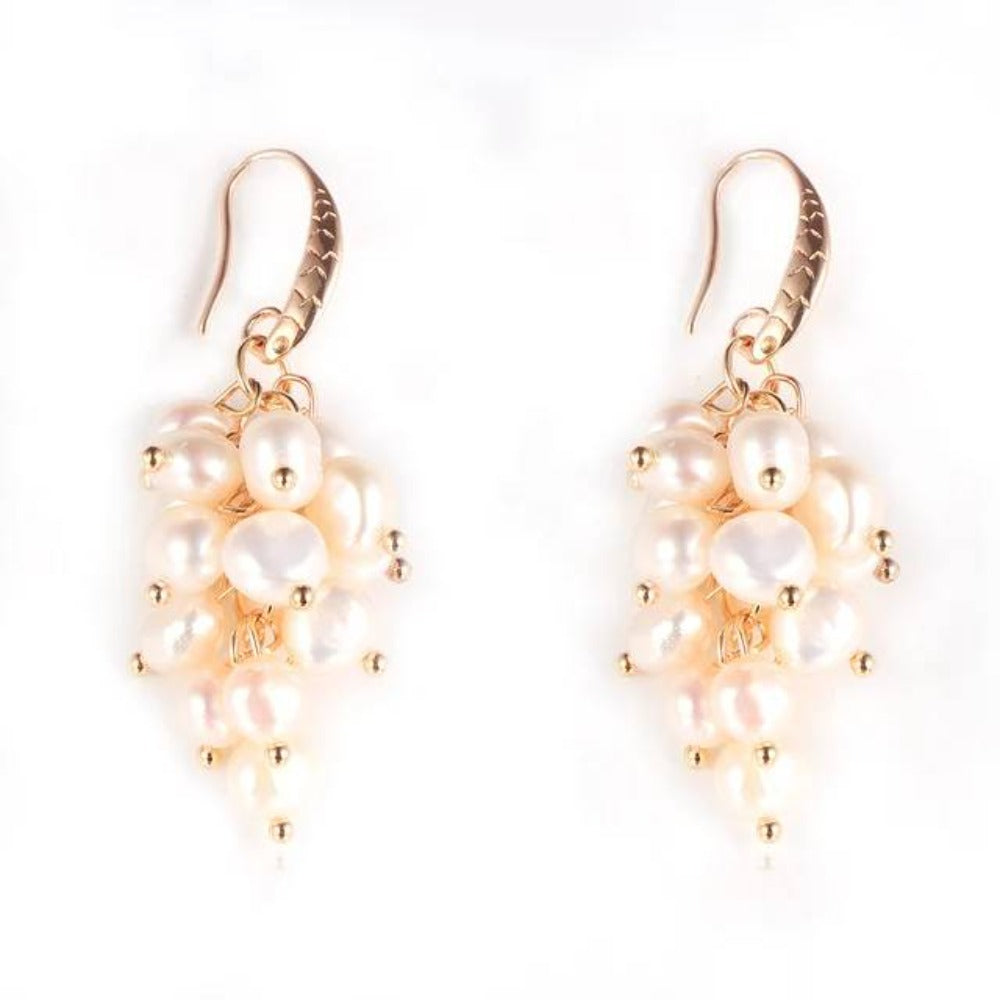 A pair of elegant Genuine Freshwater Pearl Designer Cluster Dangle Drop Earrings showcasing multiple colors and a sophisticated design.
