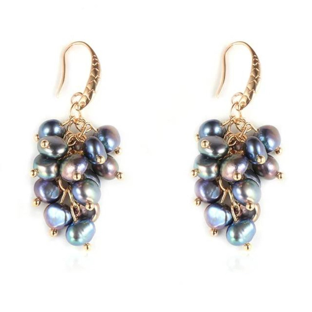 A pair of elegant Genuine Freshwater Pearl Designer Cluster Dangle Drop Earrings showcasing multiple colors and a sophisticated design.
