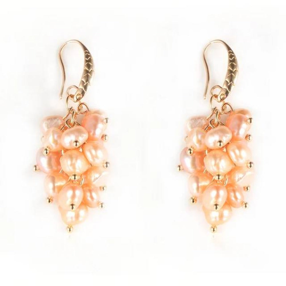 A pair of elegant Genuine Freshwater Pearl Designer Cluster Dangle Drop Earrings showcasing multiple colors and a sophisticated design.