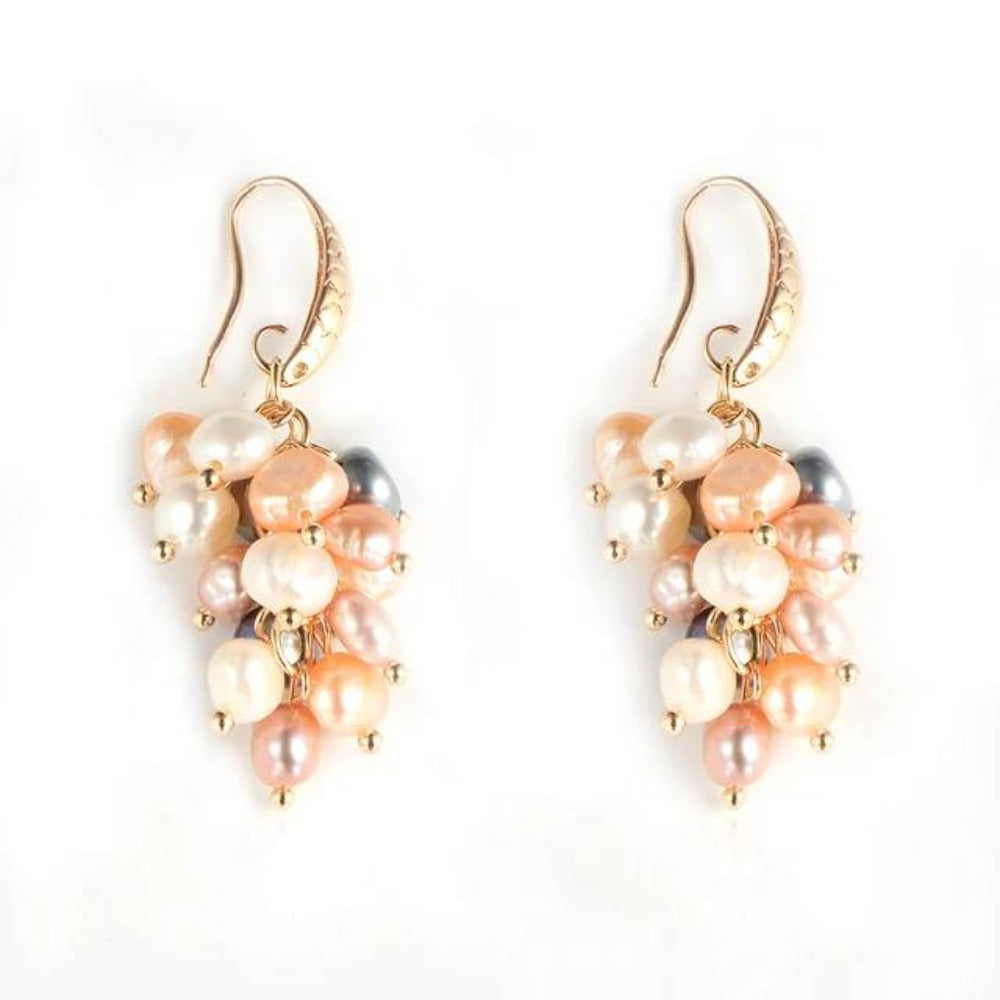 A pair of elegant Genuine Freshwater Pearl Designer Cluster Dangle Drop Earrings showcasing multiple colors and a sophisticated design.