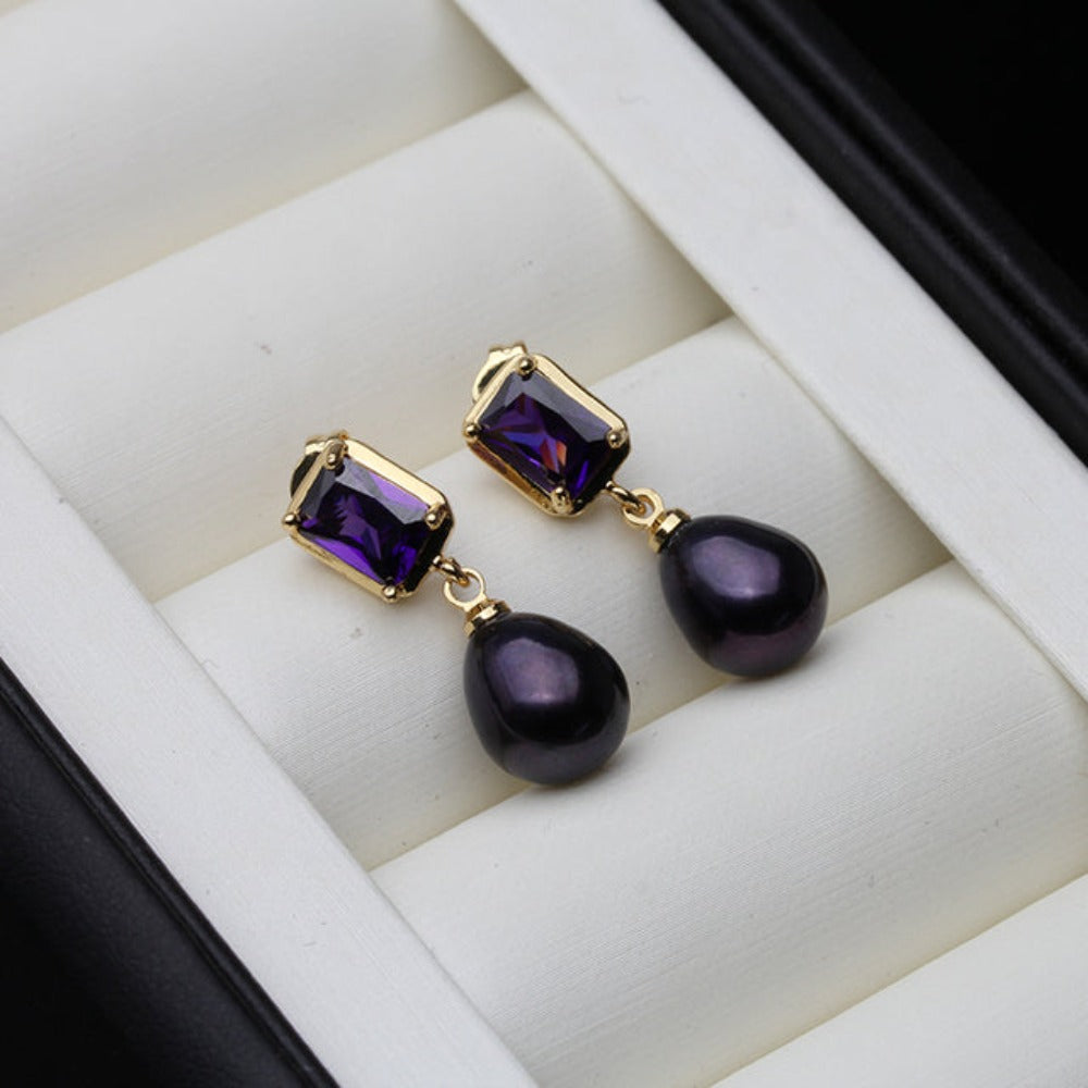 Genuine Freshwater Pearl Purple Rectangular Drop Earrings showcasing elegant design and vibrant color.
