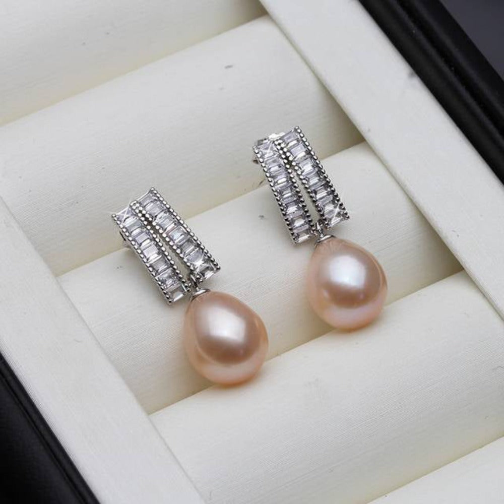 Elegant Genuine Freshwater Pearl & Simulated Diamond Dangle Drop Earrings showcasing a lustrous pearl and sparkling simulated diamond.