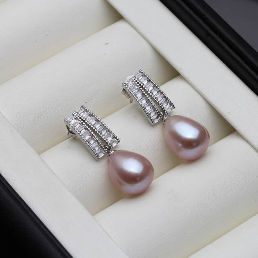 Elegant Genuine Freshwater Pearl & Simulated Diamond Dangle Drop Earrings showcasing a lustrous pearl and sparkling simulated diamond.