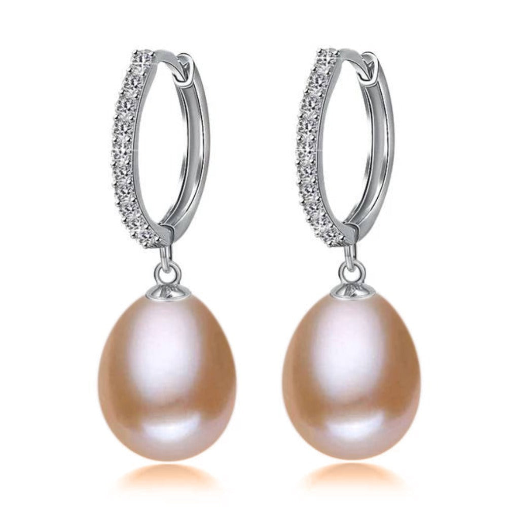 Elegant drop earrings featuring genuine freshwater pearls and simulated diamonds, available in multiple colors.