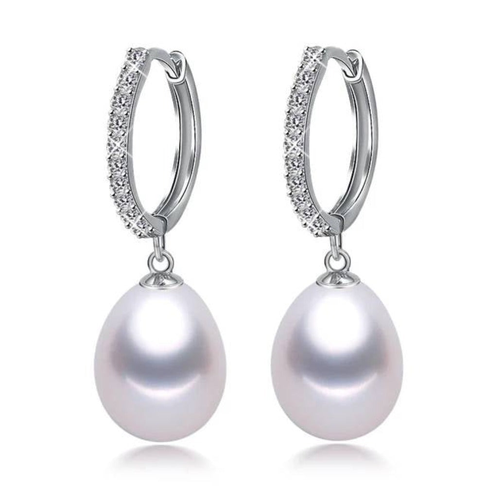 Elegant drop earrings featuring genuine freshwater pearls and simulated diamonds, available in multiple colors.
