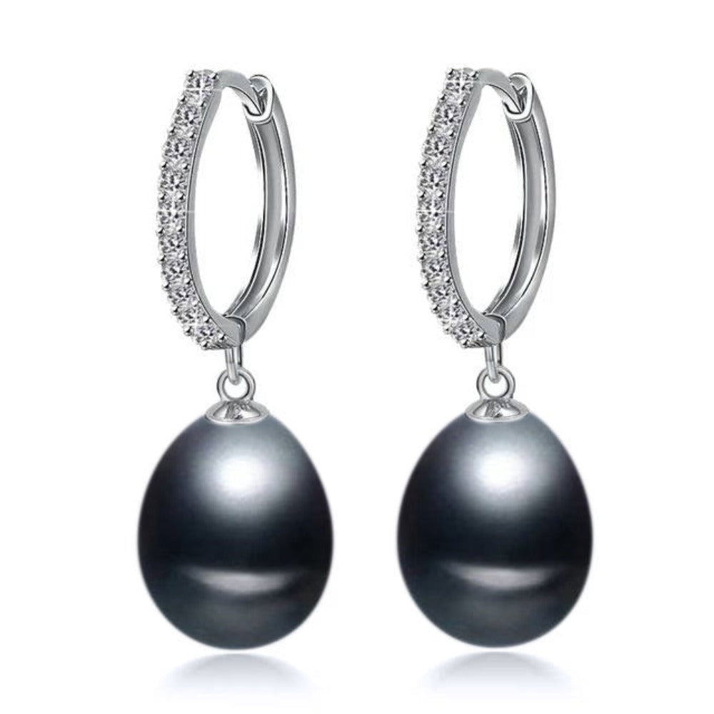Elegant drop earrings featuring genuine freshwater pearls and simulated diamonds, available in multiple colors.