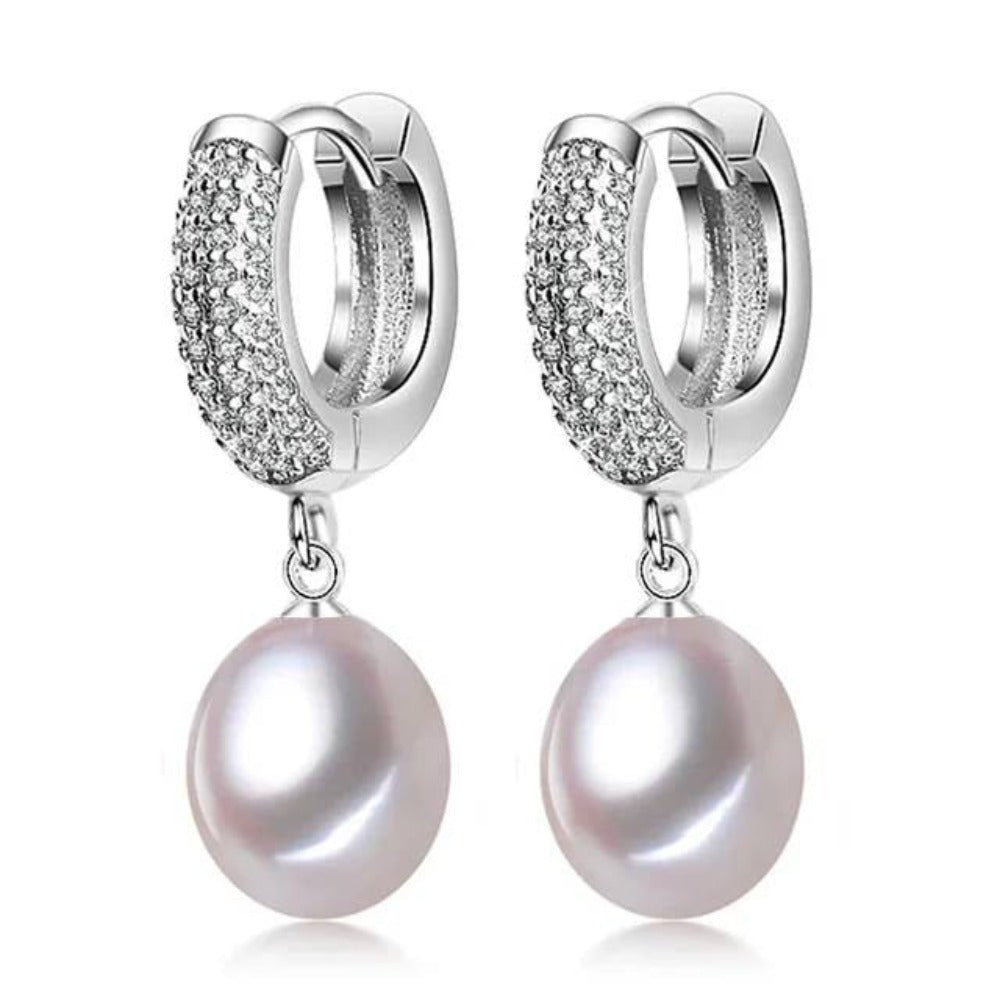 Genuine Freshwater Pearl & Simulated Diamond Drop Earrings in black and white, showcasing elegant design and natural beauty.