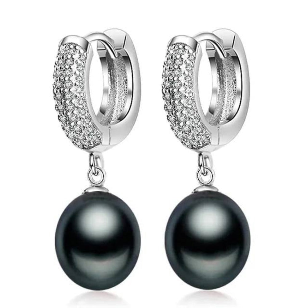 Genuine Freshwater Pearl & Simulated Diamond Drop Earrings in black and white, showcasing elegant design and natural beauty.