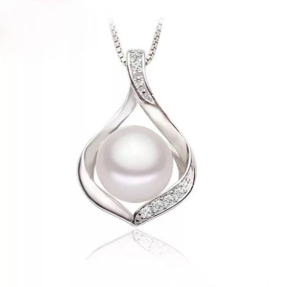 A beautiful teardrop necklace featuring genuine freshwater pearls and simulated diamonds, showcasing a delicate design in various colors.