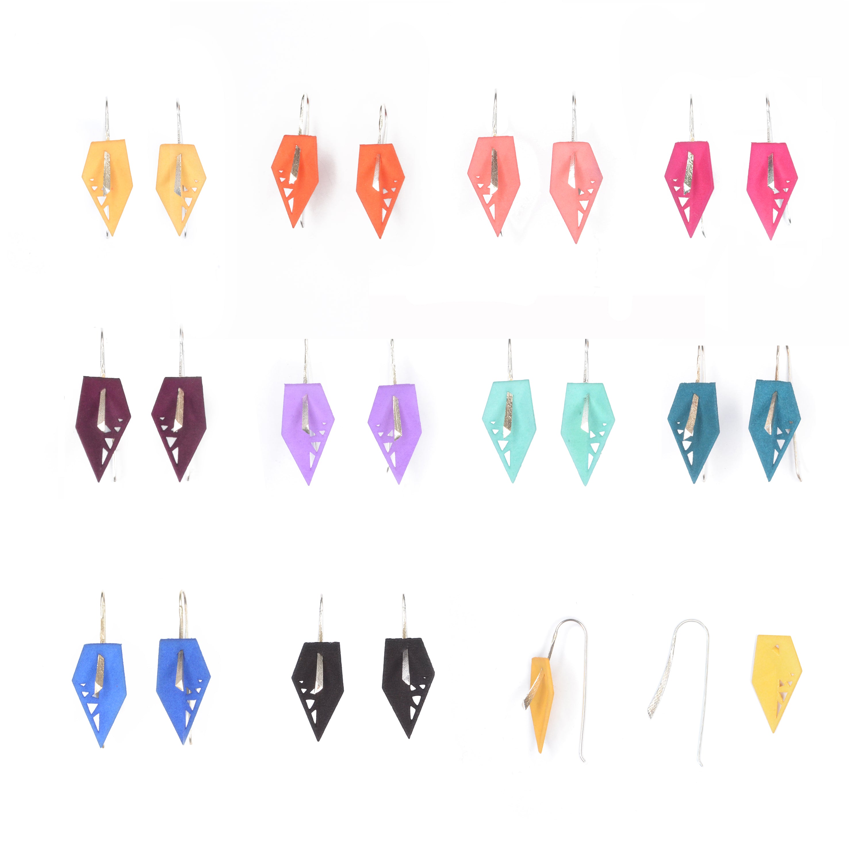 A pair of vibrant Geometric Drop Interchangeable Earrings in various colors, showcasing their unique teardrop design and lightweight structure.
