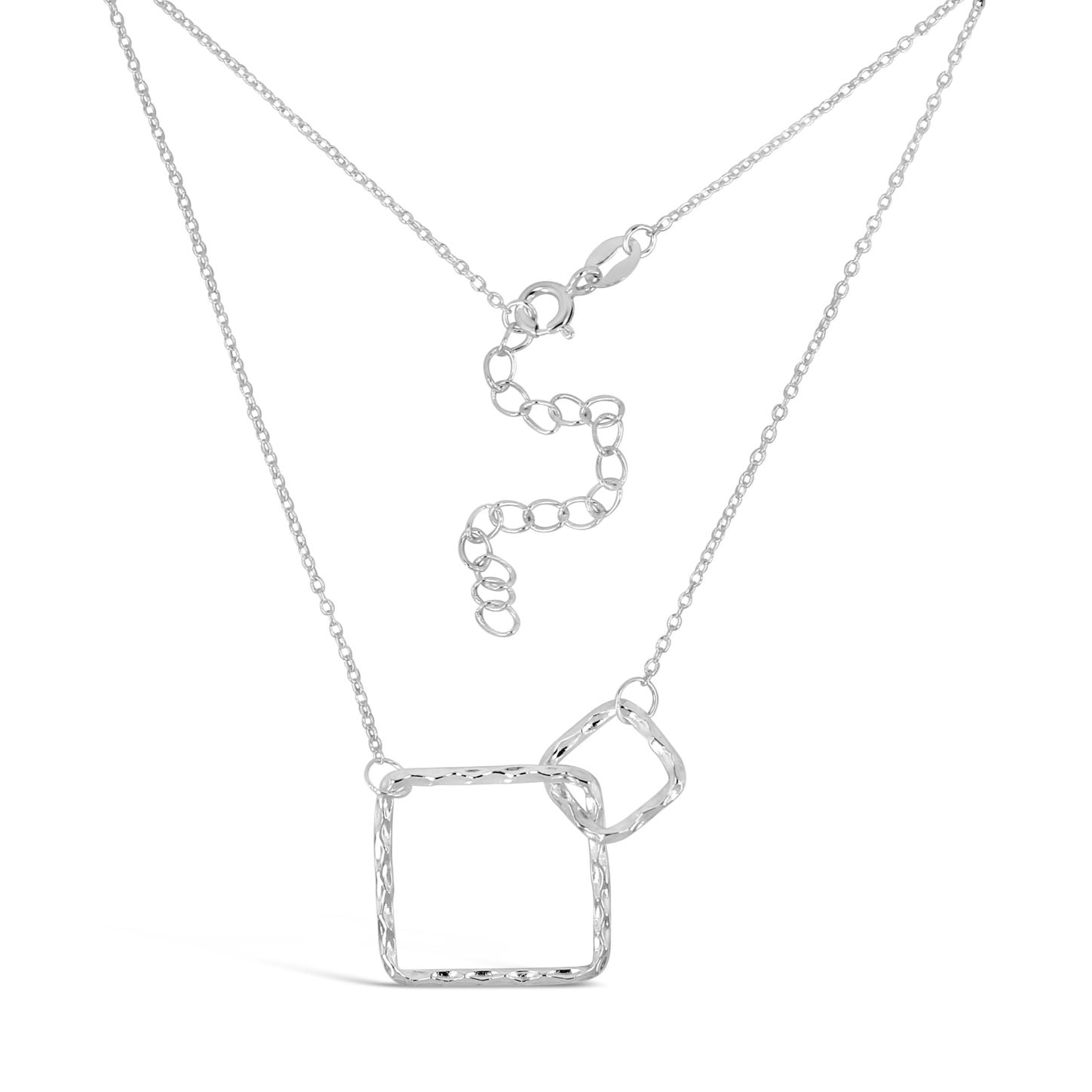 A delicate necklace featuring entwined infinity circles on a fine cable chain, showcasing a shimmering hammered finish.