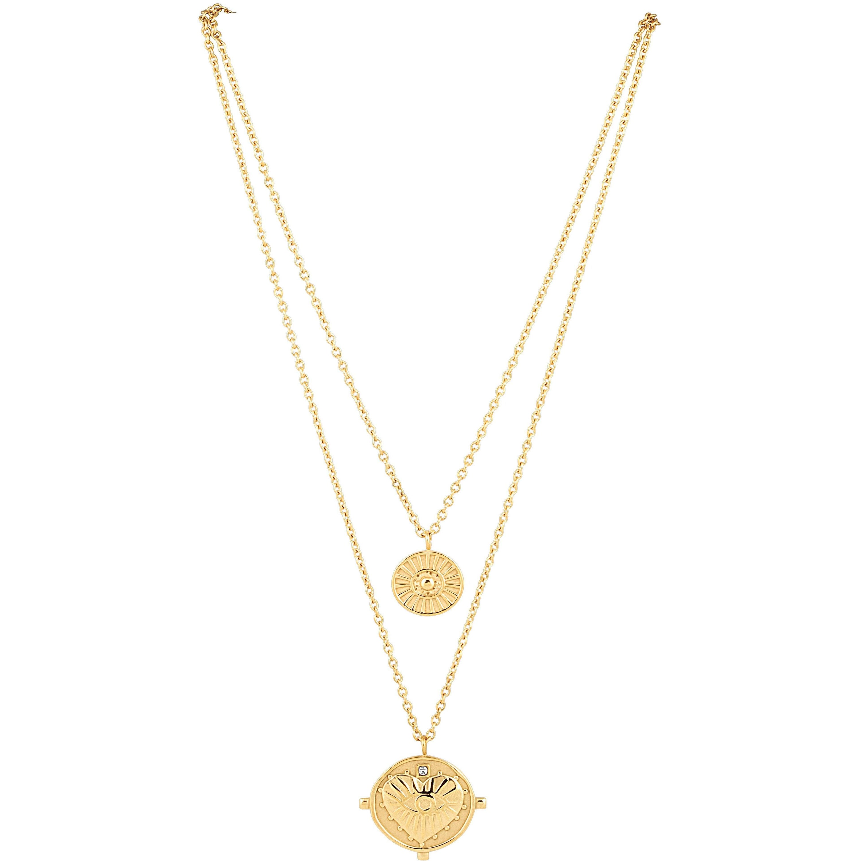 Gigi Double Coin Necklace featuring two gold coins on a delicate chain, adjustable length, and a luxurious 18k gold plated finish.