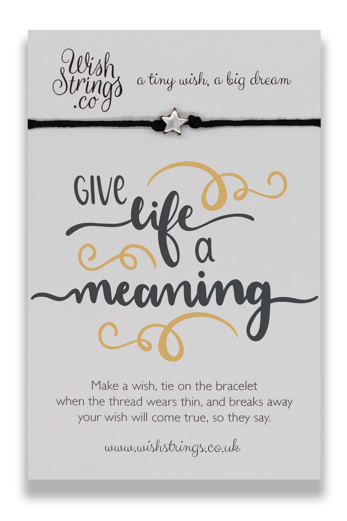 GIVE LIFE MEANING WishStrings Wish Bracelet featuring a Tibetan Silver charm on a waxed cotton cord, beautifully presented on an inspirational display card.