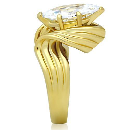 GL088 IP Gold Brass Ring featuring a clear AAA Grade CZ stone, showcasing its elegant design and luxurious finish.