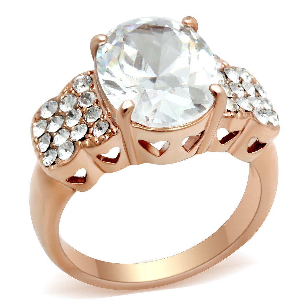 GL141 IP Rose Gold Brass Ring featuring AAA Grade clear CZ stone, elegantly designed for everyday wear.