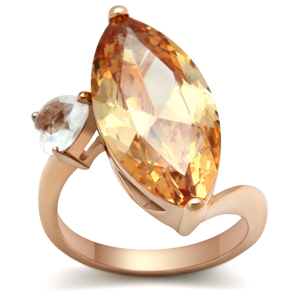 GL145 IP Rose Gold Brass Ring featuring AAA Grade Champagne CZ stone, elegantly designed for a luxurious look.