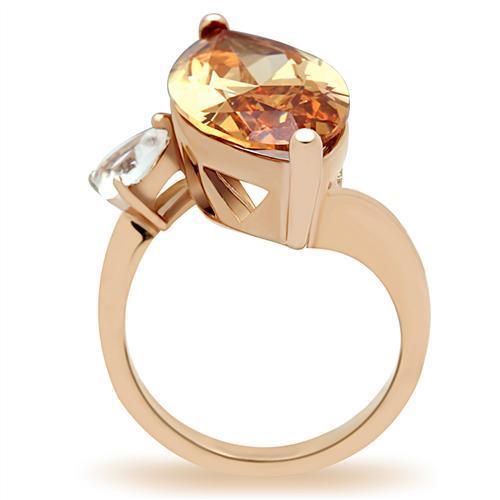 GL145 IP Rose Gold Brass Ring featuring AAA Grade Champagne CZ stone, elegantly designed for a luxurious look.