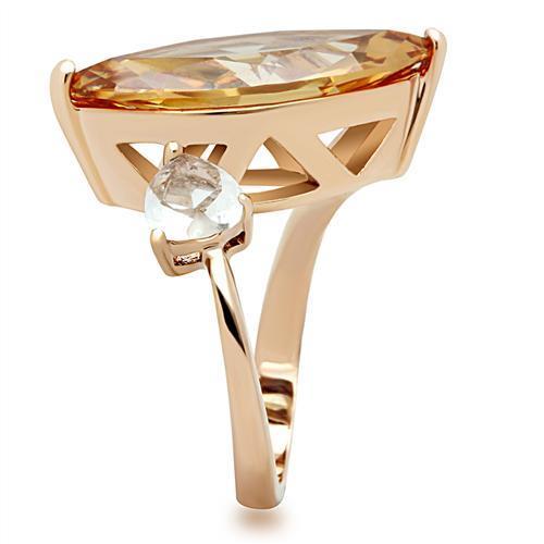 GL145 IP Rose Gold Brass Ring featuring AAA Grade Champagne CZ stone, elegantly designed for a luxurious look.