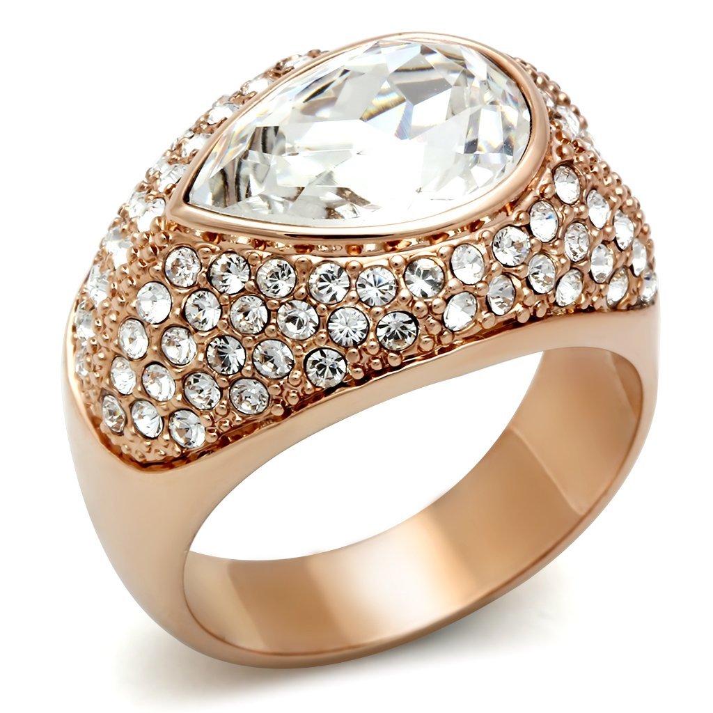 GL146 IP Rose Gold Brass Ring featuring a clear top grade crystal centerpiece, showcasing elegance and sophistication.