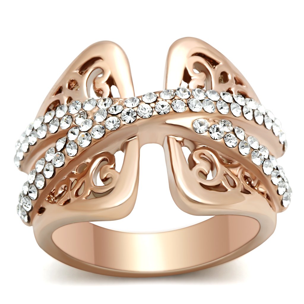 GL156 IP Rose Gold Brass Ring featuring a clear top-grade crystal, elegantly designed with a lightweight structure.