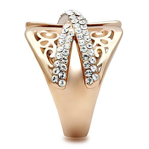 GL156 IP Rose Gold Brass Ring featuring a clear top-grade crystal, elegantly designed with a lightweight structure.