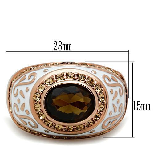 GL203 IP Rose Gold Brass Ring featuring a brown synthetic glass center stone, showcasing its elegant design and durable material.