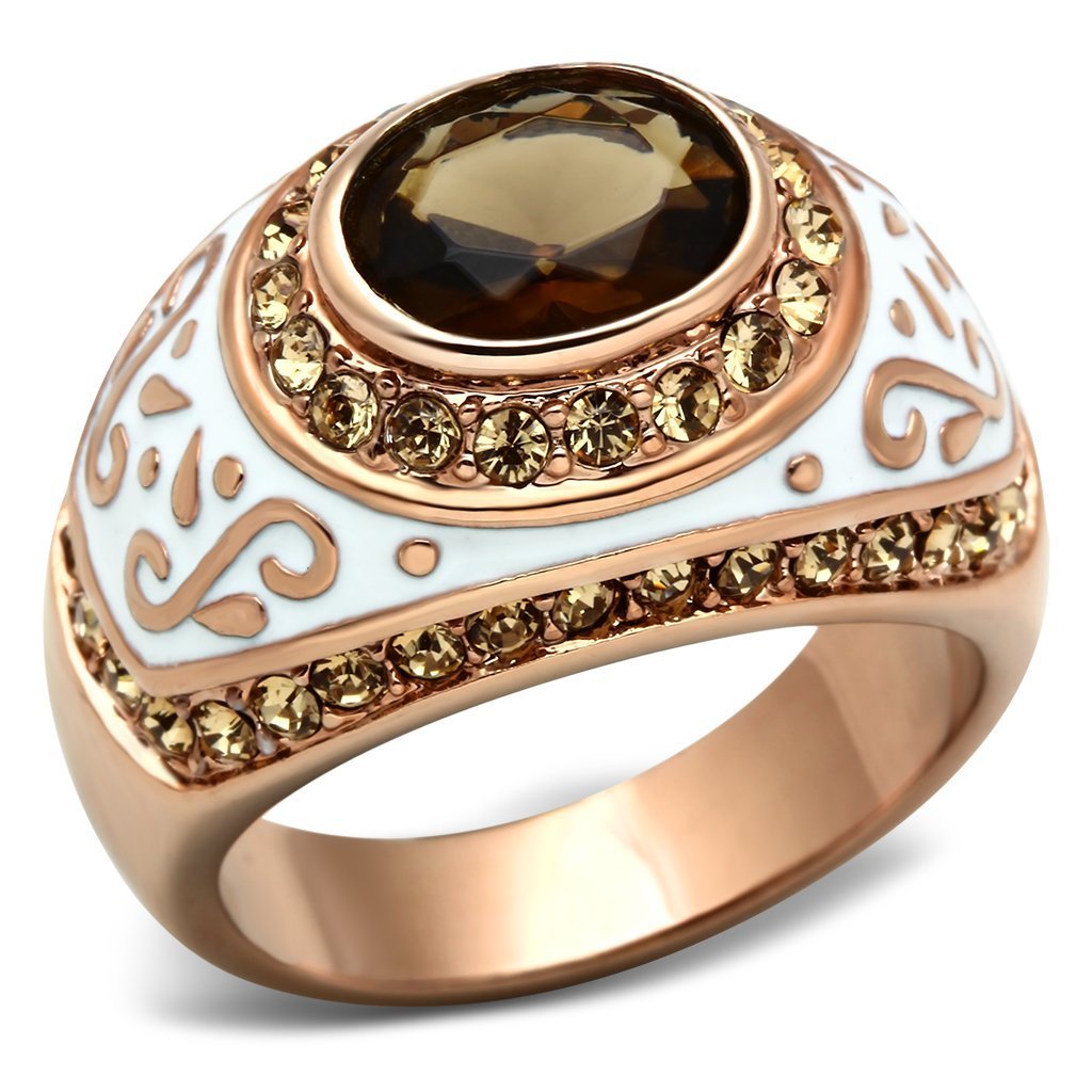 GL203 IP Rose Gold Brass Ring featuring a brown synthetic glass center stone, showcasing its elegant design and durable material.