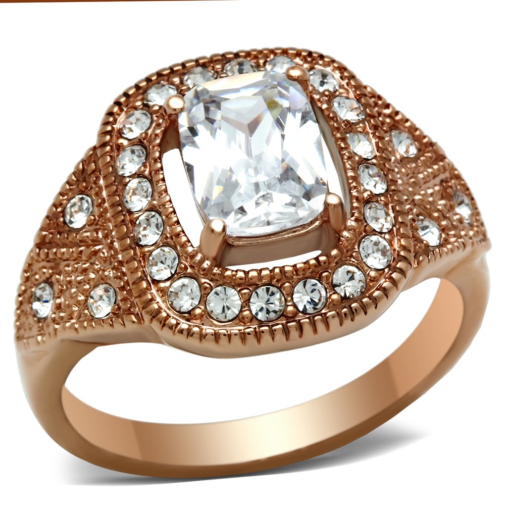 GL215 IP Rose Gold Brass Ring featuring AAA Grade CZ stone, showcasing its elegant design and luxurious finish.