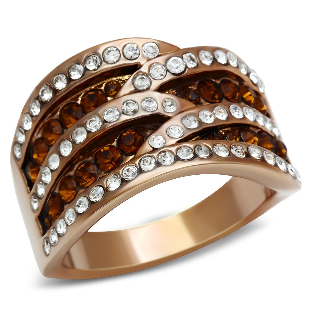 GL217 IP Rose Gold Brass Ring featuring a smoked quartz stone, elegantly designed with ion plating.