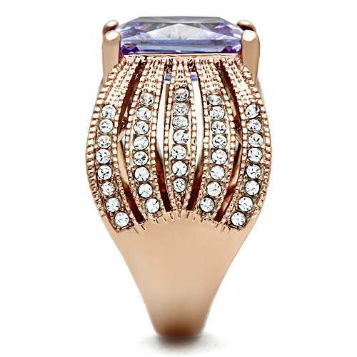 GL236 IP Rose Gold Brass Ring featuring AAA Grade CZ in light amethyst color, showcasing its elegant design and quality craftsmanship.