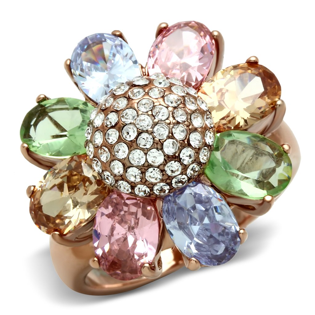 GL224 IP Rose Gold Brass Ring featuring AAA Grade CZ stone, showcasing its elegant design and multi-color brilliance.