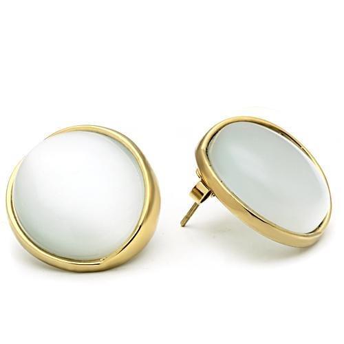 Elegant GL253 IP Gold Brass Earrings featuring a synthetic Cat Eye stone in white, showcasing a luxurious design.