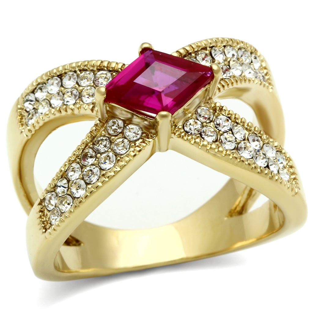 GL298 IP Gold Brass Ring featuring AAA Grade CZ in Ruby, showcasing its elegant design and vibrant color.