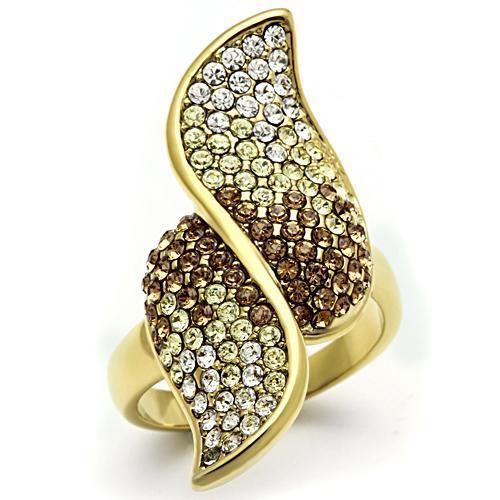 GL304 IP Gold Brass Ring featuring a multi-color top-grade crystal, showcasing its elegant design and luxurious finish.