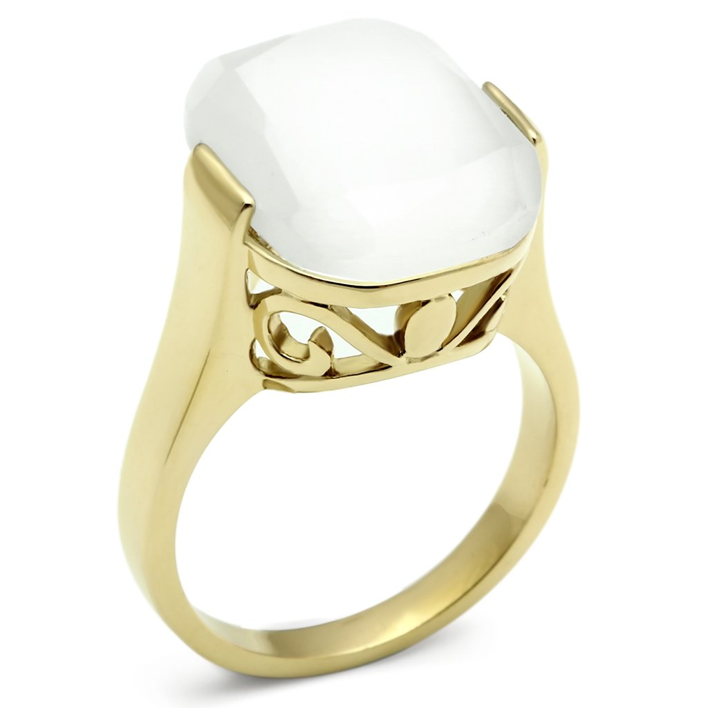 GL309 IP Gold Brass Ring featuring a white synthetic Cat Eye stone, elegantly designed for everyday wear.