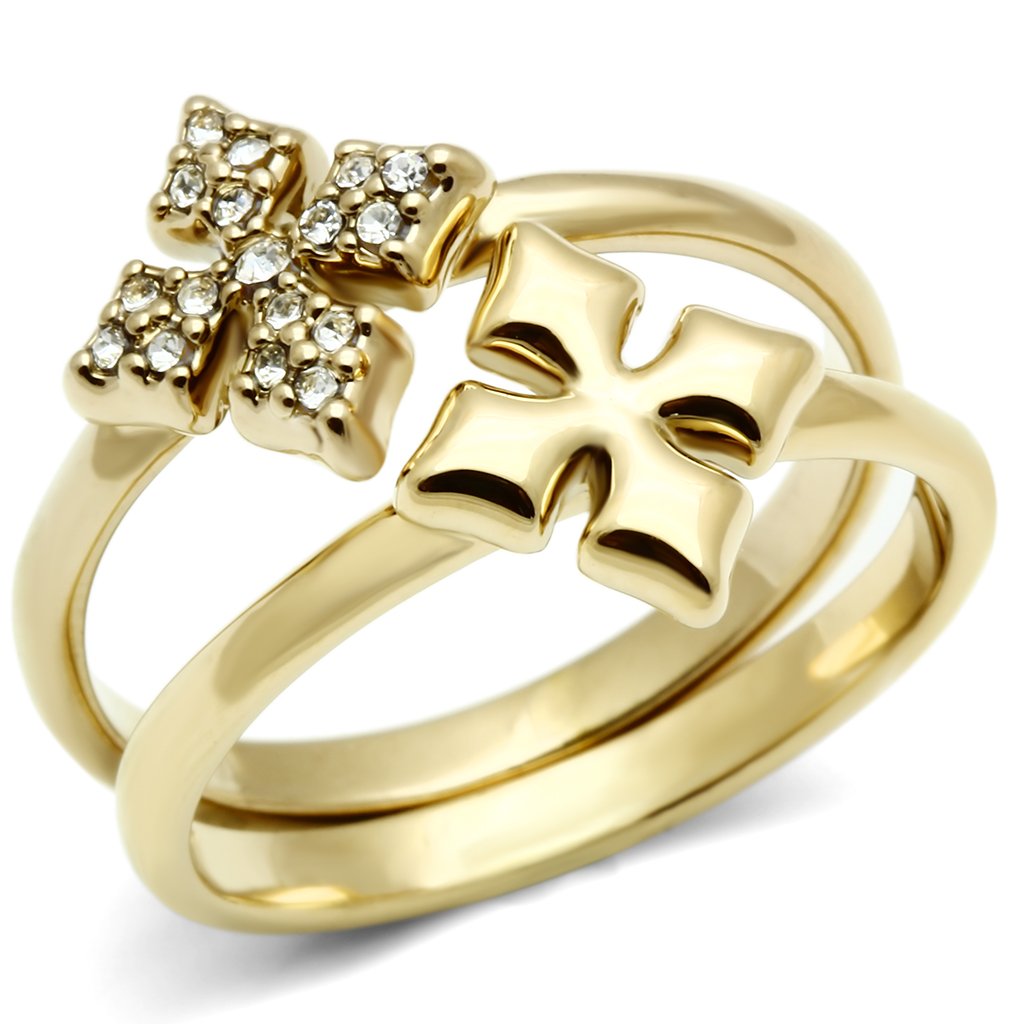 GL319 IP Gold Brass Ring featuring a clear top-grade crystal, elegantly designed with a luxurious finish.