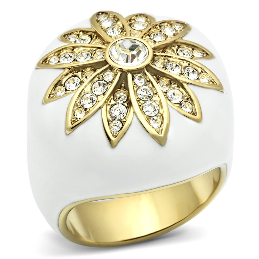 GL326 IP Gold Brass Ring featuring a clear top-grade crystal, showcasing its elegant design and luxurious finish.