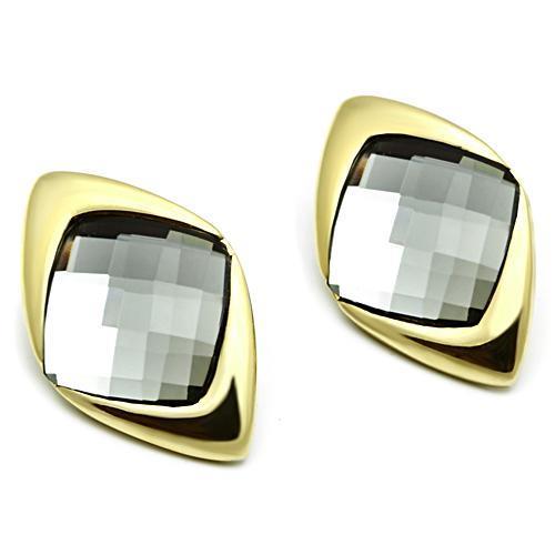GL341 IP Gold Brass Earrings featuring synthetic black diamond stones, elegantly designed for style and comfort.