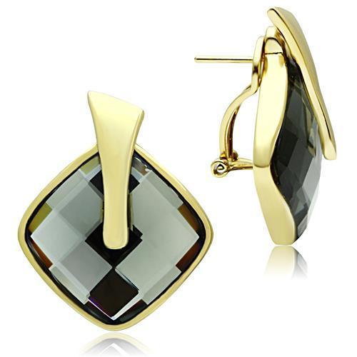 GL342 IP Gold Brass Earrings featuring black diamond synthetic glass stones, elegantly designed for style and durability.