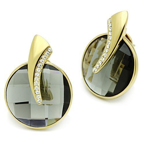 GL343 IP Gold Brass Earrings featuring synthetic black diamond stones, elegantly designed for stylish wear.