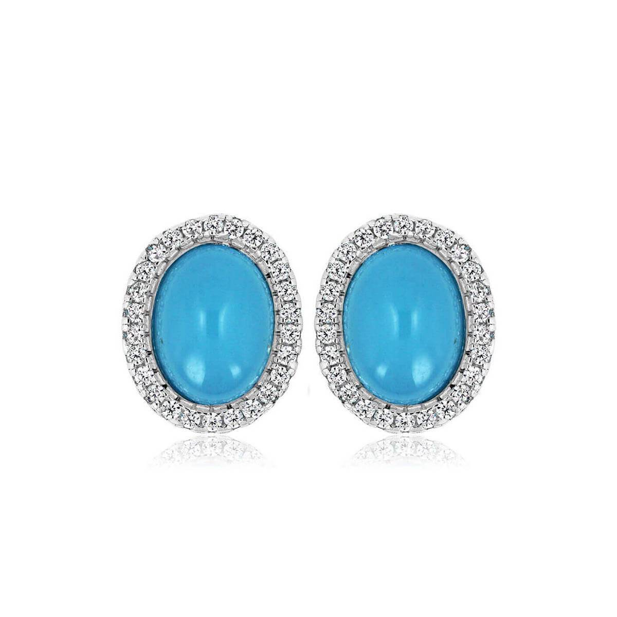Elegant Glamour oval stud earrings featuring colorful cabochon stones and sparkling accents, available in various metal finishes.