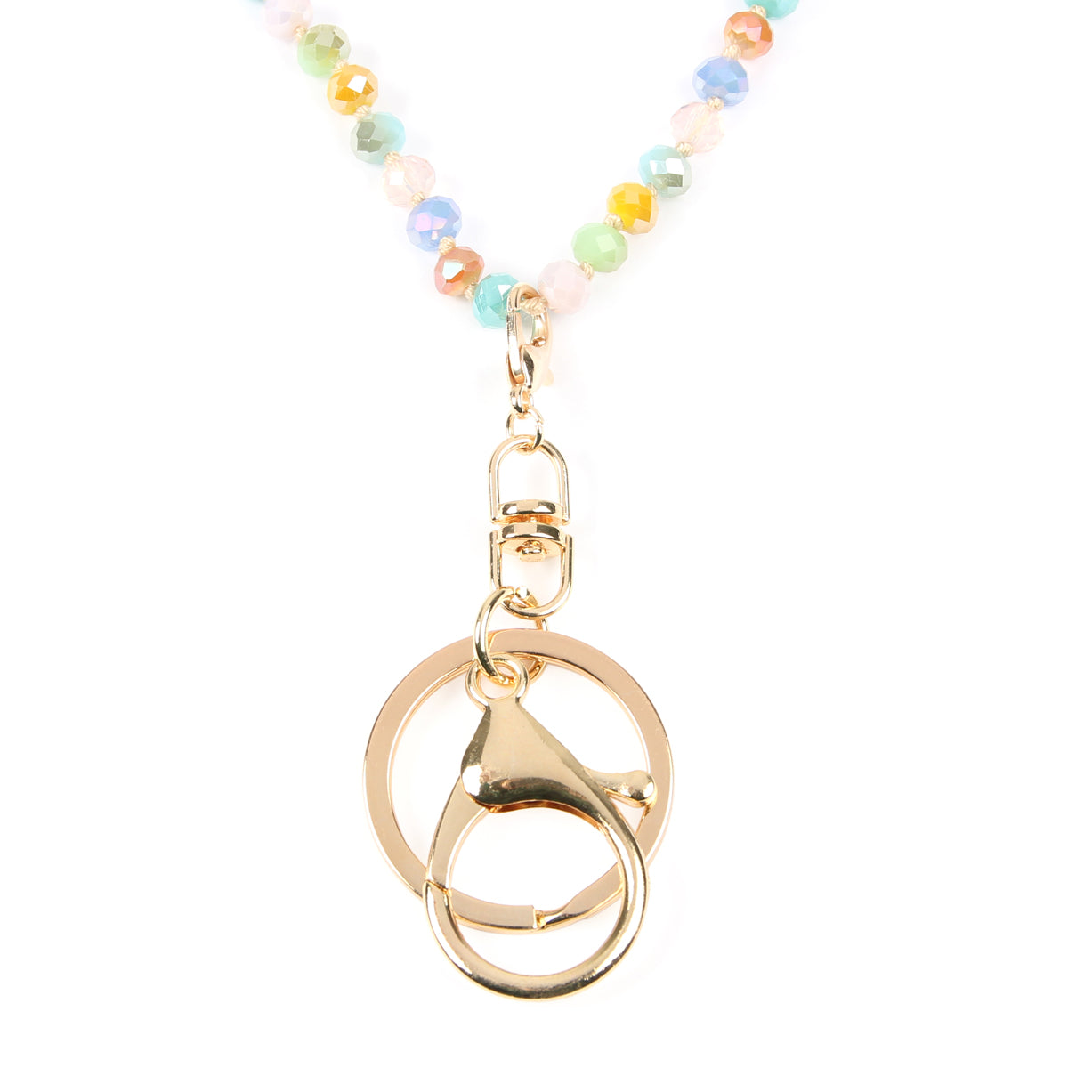 Colorful Glass Beads Lanyard Necklace displayed elegantly, showcasing its vibrant hues and crystal bead details.
