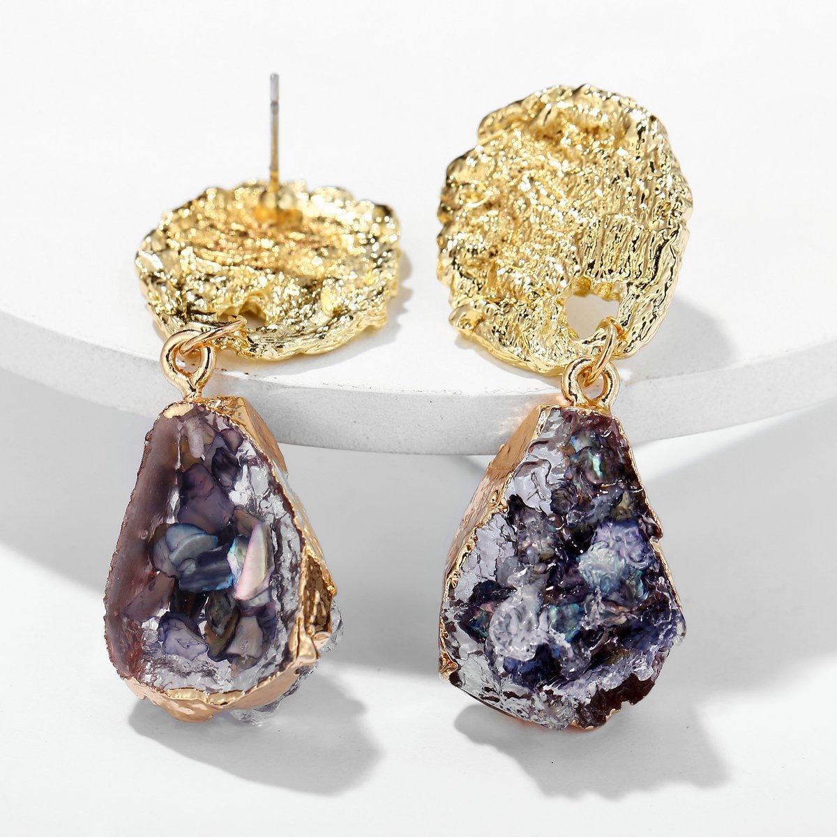 Elegant purple glass stone drop earrings with 18K gold plating, showcasing a sophisticated design perfect for any occasion.