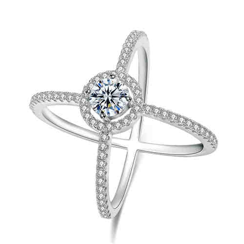 A stunning cross ring made of 925 sterling silver, featuring a round cut Lachouette white stone and adorned with sparkling cubic zirconia.
