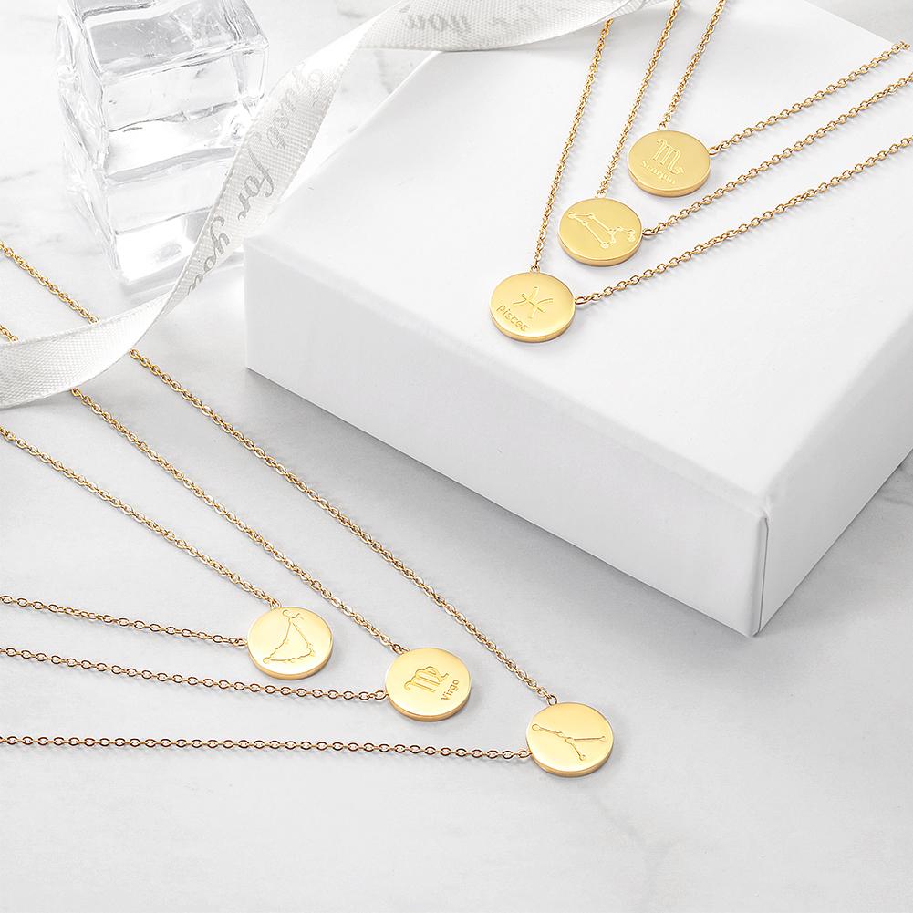 Glossy Gold Round Zodiac Necklace featuring a round zodiac pendant made of stainless steel with 14K gold plating.
