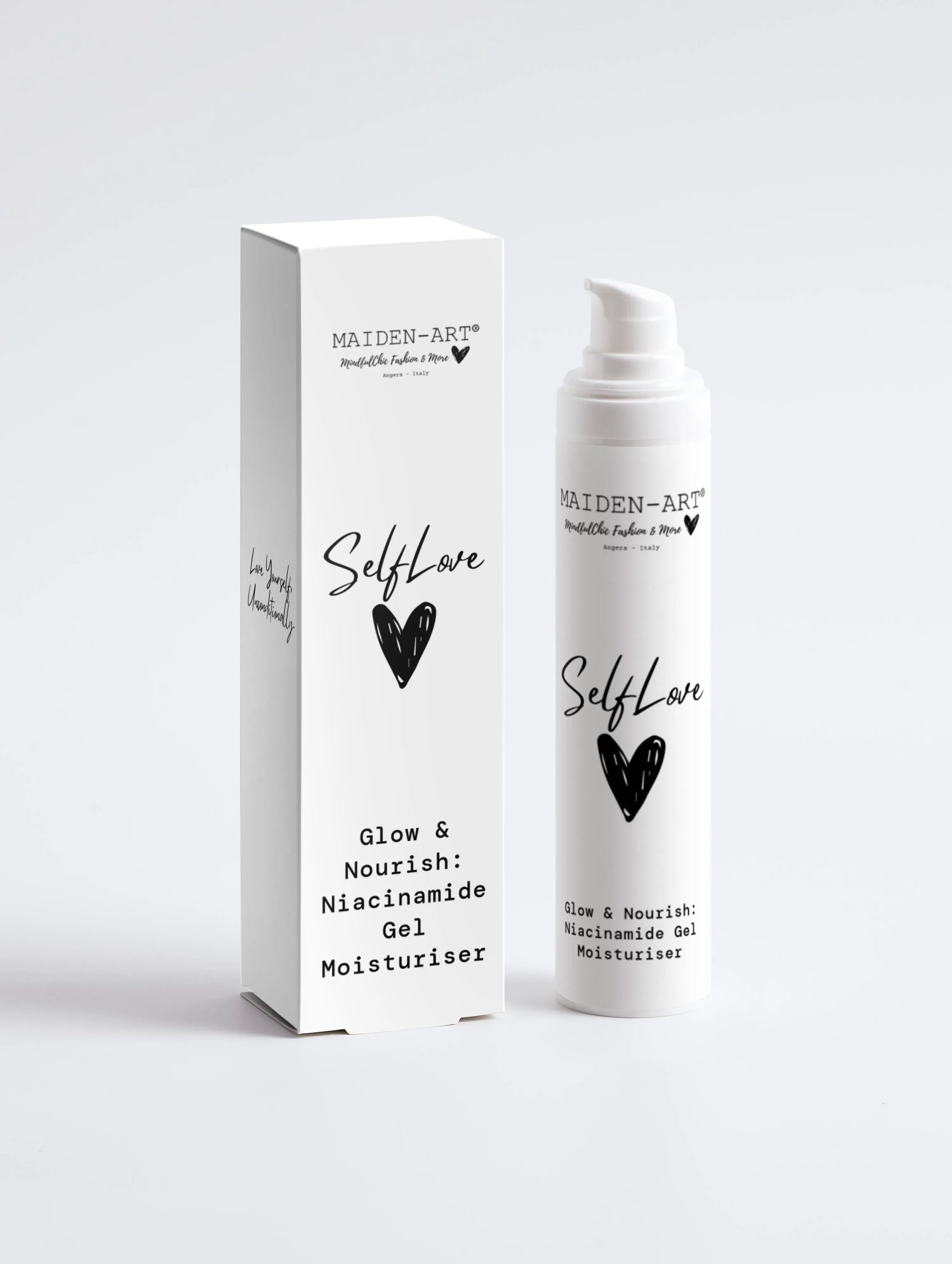 Glow & Nourish Niacinamide Gel Moisturiser in white packaging, showcasing its hydrating gel texture and key ingredients.