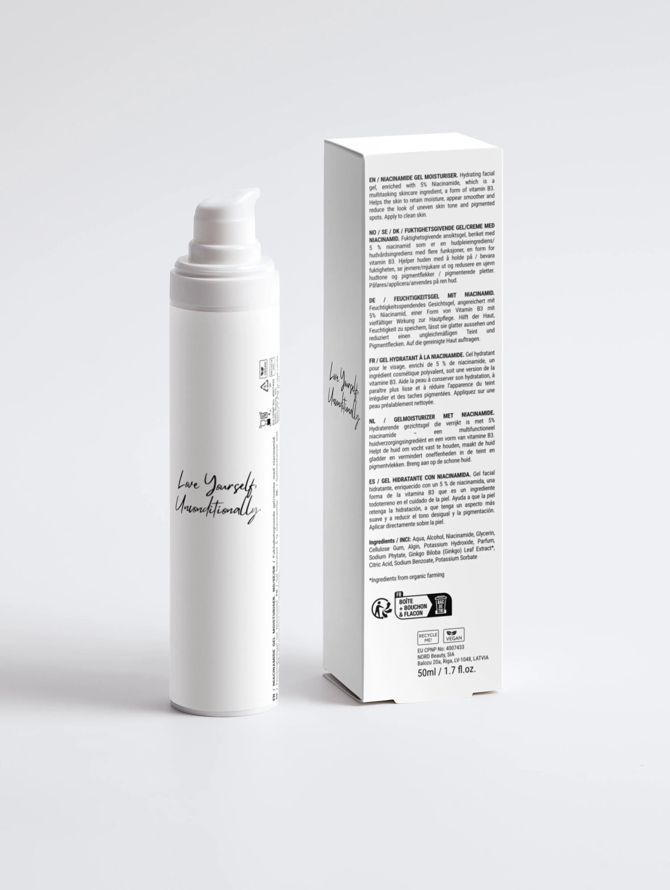 Glow & Nourish Niacinamide Gel Moisturiser in white packaging, showcasing its hydrating gel texture and key ingredients.