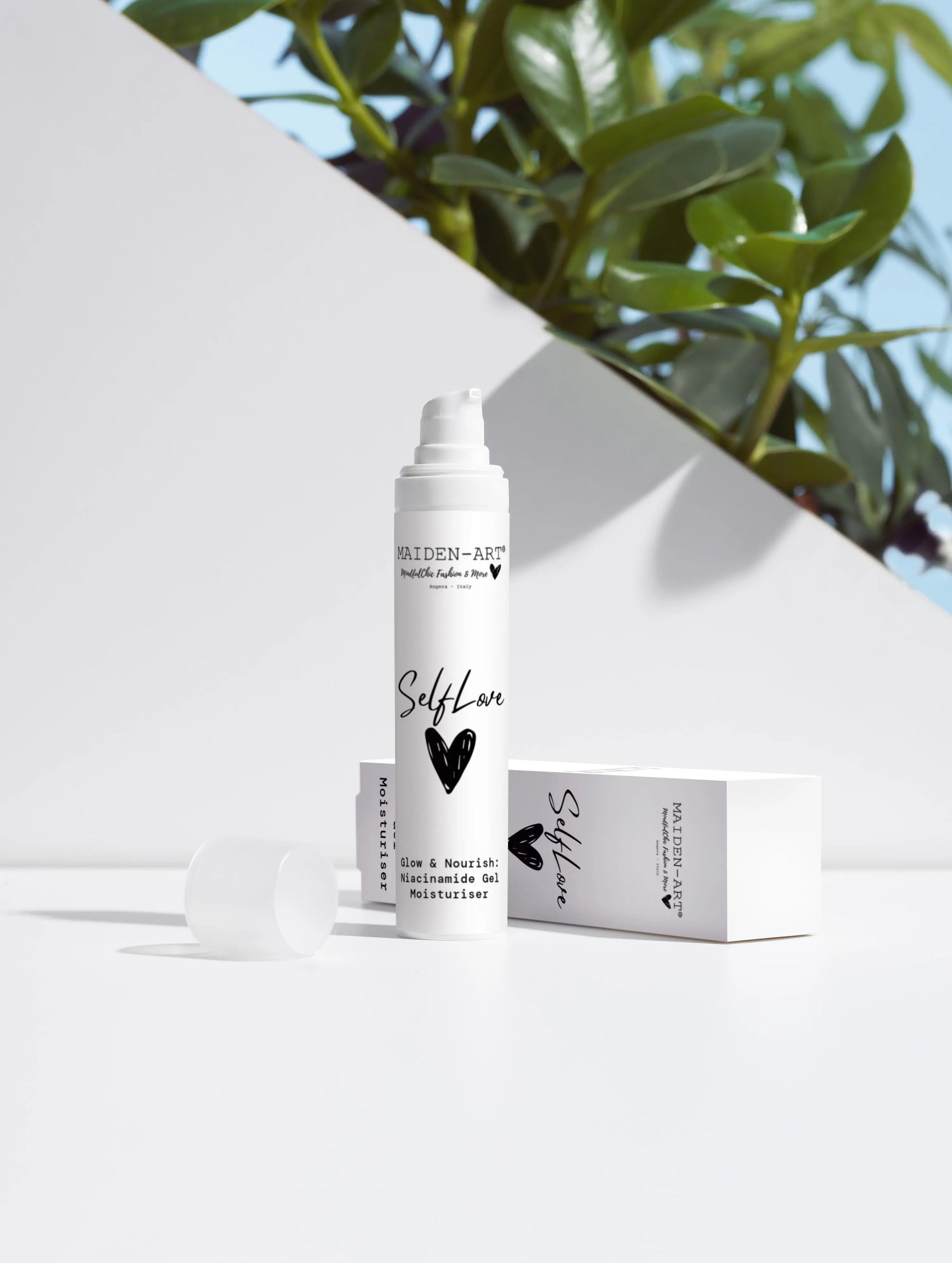 Glow & Nourish Niacinamide Gel Moisturiser in white packaging, showcasing its hydrating gel texture and key ingredients.