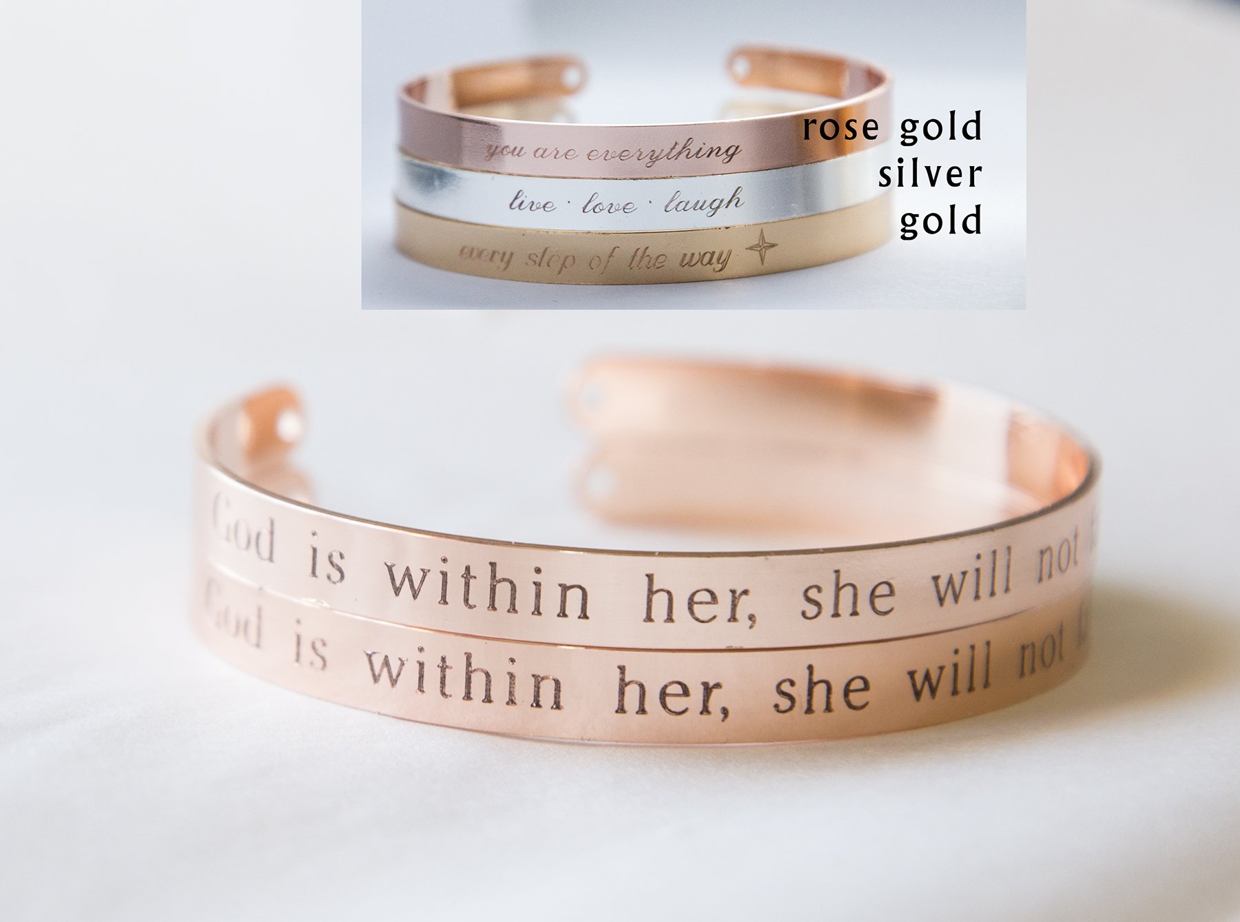 A delicate adjustable cuff bracelet engraved with 'God is Within Her She Will Not Fail', showcasing its inspirational message and elegant design.